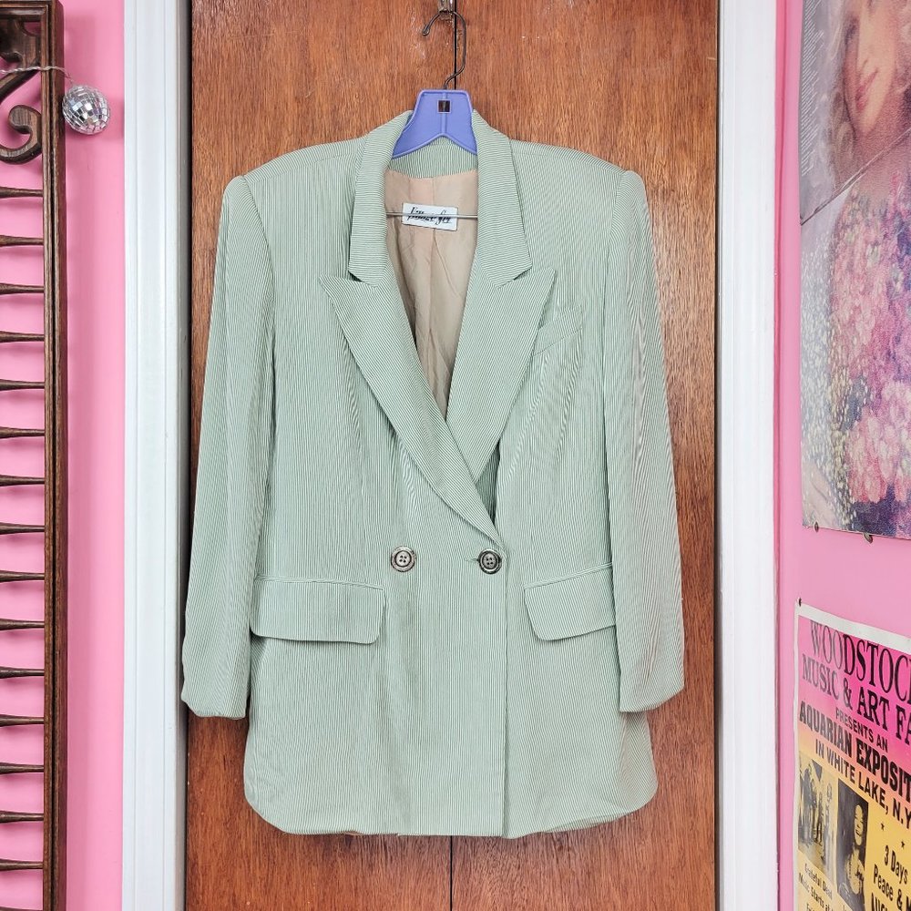 Vintage 80s/90s Sage Green Pinstripe Blazer Jacket - Picture 4 of 8